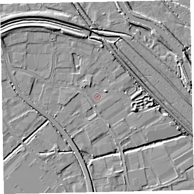 Shaded relief map of the ground around EX28HJ, computed from Environment Agency LiDAR. The ground here sits at about 4 m above sea level and falls 7 m across the surrounding 800 m. Surface water reaching this point runs off ground lying to the east-north-east, 1.6 m higher.