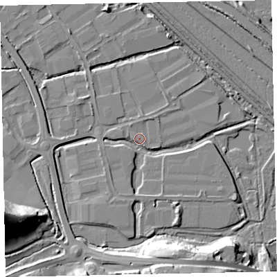 Shaded relief map of the ground around EX28HL, computed from Environment Agency LiDAR. The ground here sits at about 4 m above sea level and falls 26 m across the surrounding 800 m. Surface water reaching this point runs off ground lying to the south-south-west, 3.6 m higher.