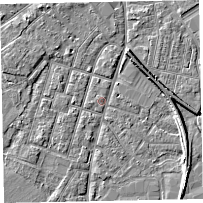 Shaded relief map of the ground around EX28HN, computed from Environment Agency LiDAR. The ground here sits at about 7 m above sea level and falls 7 m across the surrounding 800 m. Surface water reaching this point runs off ground lying to the north-north-east, 0.9 m higher.