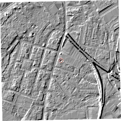 Shaded relief map of the ground around EX28HP, computed from Environment Agency LiDAR. The ground here sits at about 7 m above sea level and falls 11 m across the surrounding 800 m. Surface water reaching this point runs off ground lying to the north-north-east, 7.4 m higher.