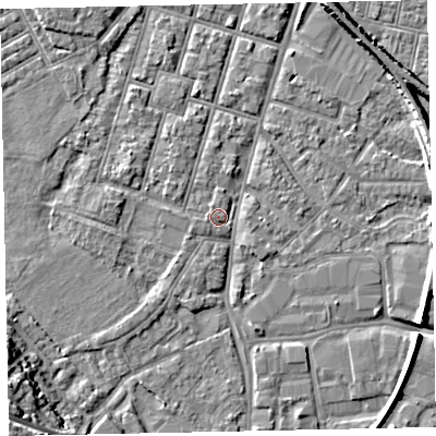 Shaded relief map of the ground around EX28HQ, computed from Environment Agency LiDAR. The ground here sits at about 8 m above sea level and falls 15 m across the surrounding 800 m. Surface water reaching this point runs off ground lying to the west, 1.3 m higher.