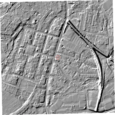 Shaded relief map of the ground around EX28HR, computed from Environment Agency LiDAR. The ground here sits at about 7 m above sea level and falls 8 m across the surrounding 800 m. Surface water reaching this point runs off ground lying to the north-north-east, 7.4 m higher.