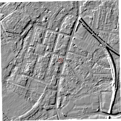 Shaded relief map of the ground around EX28HS, computed from Environment Agency LiDAR. The ground here sits at about 7 m above sea level and falls 8 m across the surrounding 800 m. Surface water reaching this point runs off ground lying to the west-south-west, 2.1 m higher.