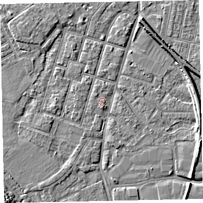 Shaded relief map of the ground around EX28HT, computed from Environment Agency LiDAR. The ground here sits at about 8 m above sea level and falls 9 m across the surrounding 800 m. Surface water reaching this point runs off ground lying to the north, 0.7 m higher.