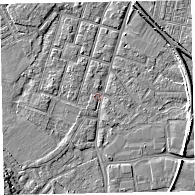 Shaded relief map of the ground around EX28HU, computed from Environment Agency LiDAR. The ground here sits at about 7 m above sea level and falls 11 m across the surrounding 800 m. Surface water reaching this point runs off ground lying to the west-south-west, 2.5 m higher.