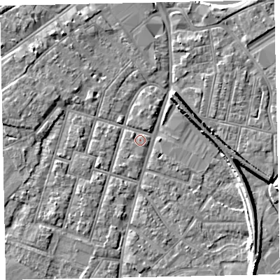 Shaded relief map of the ground around EX28HW, computed from Environment Agency LiDAR. The ground here sits at about 7 m above sea level and falls 7 m across the surrounding 800 m. Surface water reaching this point runs off ground lying to the west-north-west, 3.0 m higher.