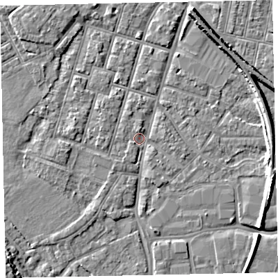 Shaded relief map of the ground around EX28HX, computed from Environment Agency LiDAR. The ground here sits at about 7 m above sea level and falls 10 m across the surrounding 800 m. Surface water reaching this point runs off ground lying to the south-west, 2.4 m higher.