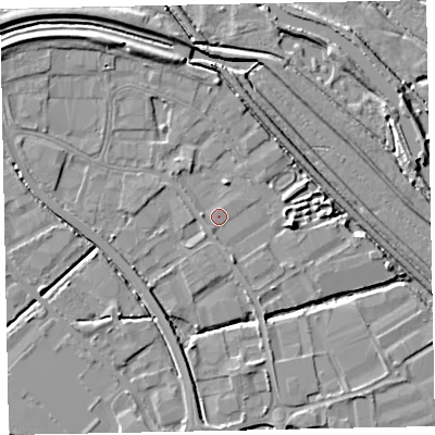 Shaded relief map of the ground around EX28HY, computed from Environment Agency LiDAR. The ground here sits at about 4 m above sea level and falls 7 m across the surrounding 800 m. Surface water reaching this point runs off ground lying to the south-south-east, 1.5 m higher.