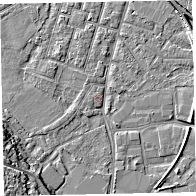 Shaded relief map of the ground around EX28HZ, computed from Environment Agency LiDAR. The ground here sits at about 7 m above sea level and falls 21 m across the surrounding 800 m. Surface water reaching this point runs off ground lying to the west-south-west, 11.6 m higher.