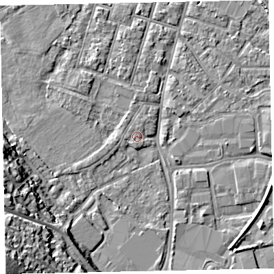 Shaded relief map of the ground around EX28JA, computed from Environment Agency LiDAR. The ground here sits at about 8 m above sea level and falls 26 m across the surrounding 800 m. Surface water reaching this point runs off ground lying to the north-north-west, 1.0 m higher.