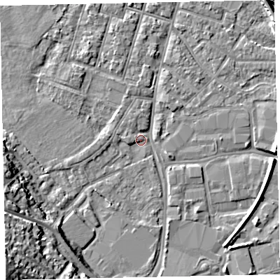 Shaded relief map of the ground around EX28JB, computed from Environment Agency LiDAR. The ground here sits at about 7 m above sea level and falls 24 m across the surrounding 800 m. Surface water reaching this point runs off ground lying to the west-south-west, 11.8 m higher.