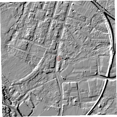 Shaded relief map of the ground around EX28JD, computed from Environment Agency LiDAR. The ground here sits at about 7 m above sea level and falls 16 m across the surrounding 800 m. Surface water reaching this point runs off ground lying to the south-west, 9.5 m higher.