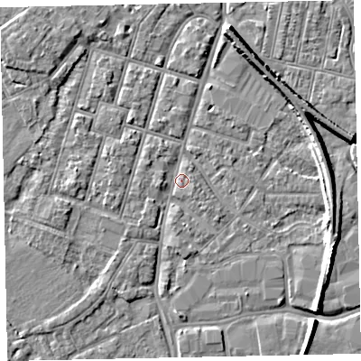 Shaded relief map of the ground around EX28JE, computed from Environment Agency LiDAR. The ground here sits at about 7 m above sea level and falls 8 m across the surrounding 800 m. Surface water reaching this point runs off ground lying to the west, 2.2 m higher.