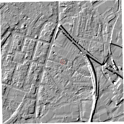 Shaded relief map of the ground around EX28JF, computed from Environment Agency LiDAR. The ground here sits at about 7 m above sea level and falls 11 m across the surrounding 800 m. Surface water reaching this point runs off ground lying to the north-north-west, 1.0 m higher.
