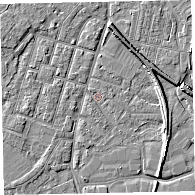 Shaded relief map of the ground around EX28JG, computed from Environment Agency LiDAR. The ground here sits at about 7 m above sea level and falls 8 m across the surrounding 800 m. Surface water reaching this point runs off ground lying to the south-south-west, 1.5 m higher.