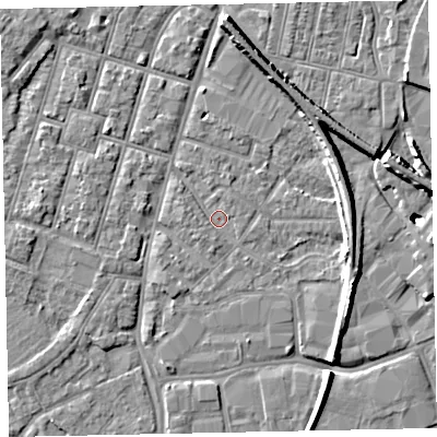 Shaded relief map of the ground around EX28JH, computed from Environment Agency LiDAR. The ground here sits at about 7 m above sea level and falls 11 m across the surrounding 800 m. Surface water reaching this point runs off ground lying to the south-west, 1.2 m higher.