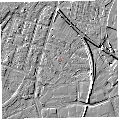Shaded relief map of the ground around EX28JJ, computed from Environment Agency LiDAR. The ground here sits at about 7 m above sea level and falls 11 m across the surrounding 800 m. The ground contributing surface water to this point lies to the north-east.