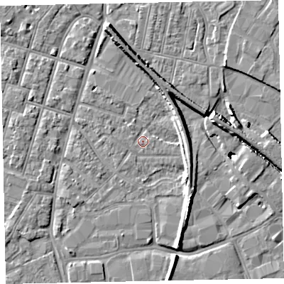Shaded relief map of the ground around EX28JN, computed from Environment Agency LiDAR. The ground here sits at about 7 m above sea level and falls 11 m across the surrounding 800 m. Surface water reaching this point runs off ground lying to the north-north-west, 6.5 m higher.