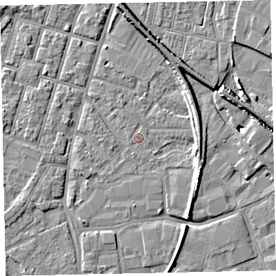 Shaded relief map of the ground around EX28JP, computed from Environment Agency LiDAR. The ground here sits at about 7 m above sea level and falls 11 m across the surrounding 800 m. Surface water reaching this point runs off ground lying to the south-south-west, 1.3 m higher.
