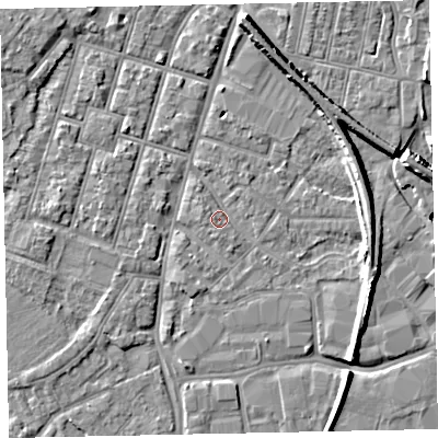 Shaded relief map of the ground around EX28JQ, computed from Environment Agency LiDAR. The ground here sits at about 7 m above sea level and falls 10 m across the surrounding 800 m. Surface water reaching this point runs off ground lying to the south, 1.2 m higher.