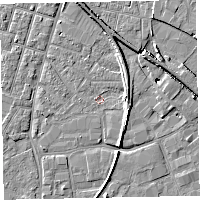 Shaded relief map of the ground around EX28JR, computed from Environment Agency LiDAR. The ground here sits at about 6 m above sea level and falls 11 m across the surrounding 800 m. Surface water reaching this point runs off ground lying to the west, 1.3 m higher.