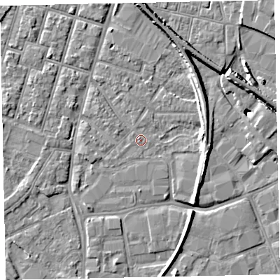 Shaded relief map of the ground around EX28JS, computed from Environment Agency LiDAR. The ground here sits at about 7 m above sea level and falls 11 m across the surrounding 800 m. Surface water reaching this point runs off ground lying to the north-west, 1.3 m higher.