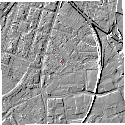 Shaded relief map of the ground around EX28JT, computed from Environment Agency LiDAR. The ground here sits at about 7 m above sea level and falls 11 m across the surrounding 800 m. The ground contributing surface water to this point lies to the south-east.