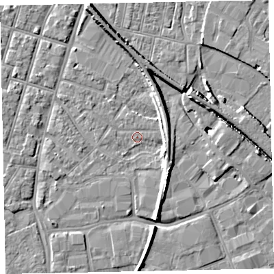 Shaded relief map of the ground around EX28JW, computed from Environment Agency LiDAR. The ground here sits at about 7 m above sea level and falls 11 m across the surrounding 800 m. Surface water reaching this point runs off ground lying to the north-north-west, 6.5 m higher.