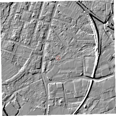 Shaded relief map of the ground around EX28JX, computed from Environment Agency LiDAR. The ground here sits at about 7 m above sea level and falls 10 m across the surrounding 800 m. Surface water reaching this point runs off ground lying to the west, 0.9 m higher.