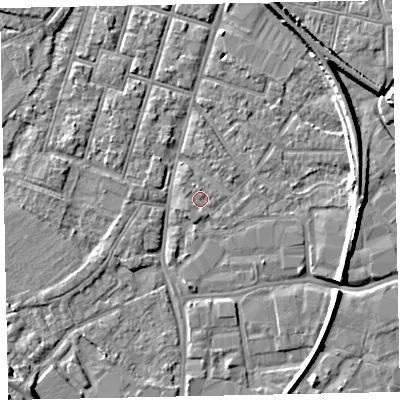 Shaded relief map of the ground around EX28JY, computed from Environment Agency LiDAR. The ground here sits at about 7 m above sea level and falls 10 m across the surrounding 800 m. Surface water reaching this point runs off ground lying to the north, 0.9 m higher.