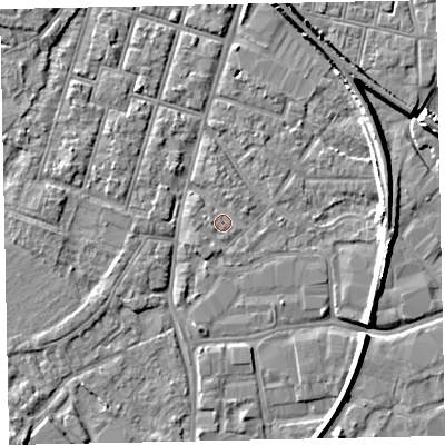 Shaded relief map of the ground around EX28JZ, computed from Environment Agency LiDAR. The ground here sits at about 7 m above sea level and falls 8 m across the surrounding 800 m. Surface water reaching this point runs off ground lying to the south-west, 1.1 m higher.