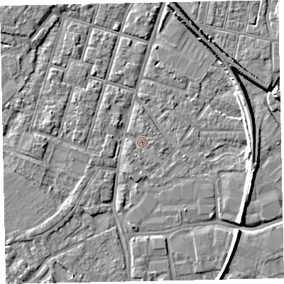 Shaded relief map of the ground around EX28LA, computed from Environment Agency LiDAR. The ground here sits at about 7 m above sea level and falls 8 m across the surrounding 800 m. Surface water reaching this point runs off ground lying to the north, 1.4 m higher.