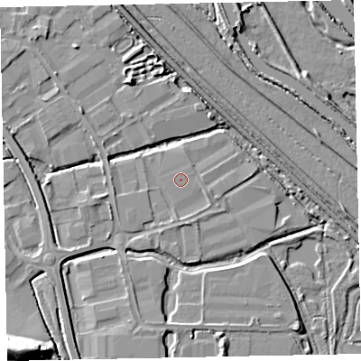 Shaded relief map of the ground around EX28LB, computed from Environment Agency LiDAR. The ground here sits at about 4 m above sea level and falls 24 m across the surrounding 800 m. The ground contributing surface water to this point lies to the north-east.
