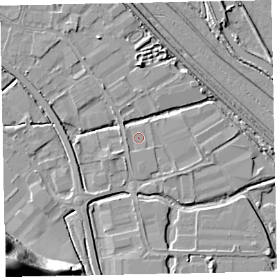 Shaded relief map of the ground around EX28LD, computed from Environment Agency LiDAR. The ground here sits at about 4 m above sea level and falls 41 m across the surrounding 800 m. Surface water reaching this point runs off ground lying to the south-west, 1.0 m higher.