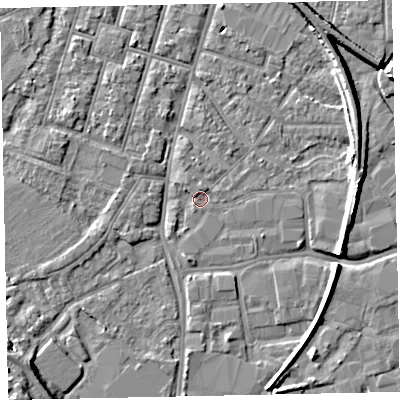 Shaded relief map of the ground around EX28LG, computed from Environment Agency LiDAR. The ground here sits at about 7 m above sea level and falls 11 m across the surrounding 800 m. Surface water reaching this point runs off ground lying to the north-west, 1.4 m higher.