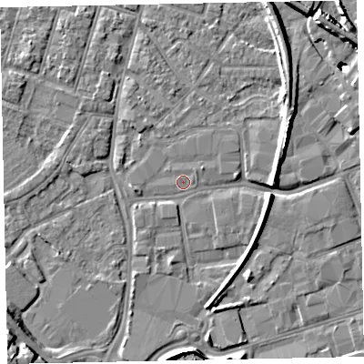 Shaded relief map of the ground around EX28LH, computed from Environment Agency LiDAR. The ground here sits at about 7 m above sea level and falls 16 m across the surrounding 800 m. Surface water reaching this point runs off ground lying to the south-west, 11.3 m higher.