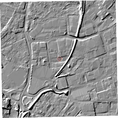 Shaded relief map of the ground around EX28LN, computed from Environment Agency LiDAR. The ground here sits at about 6 m above sea level and falls 13 m across the surrounding 800 m. Surface water reaching this point runs off ground lying to the north-east, 3.8 m higher.