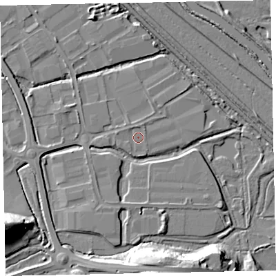 Shaded relief map of the ground around EX28LP, computed from Environment Agency LiDAR. The ground here sits at about 4 m above sea level and falls 23 m across the surrounding 800 m. Surface water reaching this point runs off ground lying to the north-north-west, 0.9 m higher.
