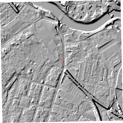 Shaded relief map of the ground around EX28LR, computed from Environment Agency LiDAR. The ground here sits at about 7 m above sea level and falls 15 m across the surrounding 800 m. Surface water reaching this point runs off ground lying to the north, 5.1 m higher.