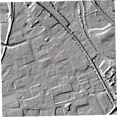 Shaded relief map of the ground around EX28LT, computed from Environment Agency LiDAR. The ground here sits at about 6 m above sea level and falls 10 m across the surrounding 800 m. Surface water reaching this point runs off ground lying to the west, 0.7 m higher.
