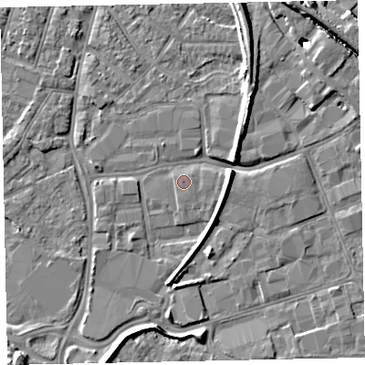 Shaded relief map of the ground around EX28LW, computed from Environment Agency LiDAR. The ground here sits at about 7 m above sea level and falls 14 m across the surrounding 800 m. Surface water reaching this point runs off ground lying to the south, 0.6 m higher.
