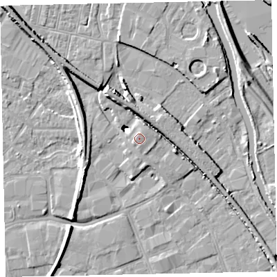 Shaded relief map of the ground around EX28LX, computed from Environment Agency LiDAR. The ground here sits at about 8 m above sea level and falls 11 m across the surrounding 800 m. Surface water reaching this point runs off ground lying to the north, 1.0 m higher.