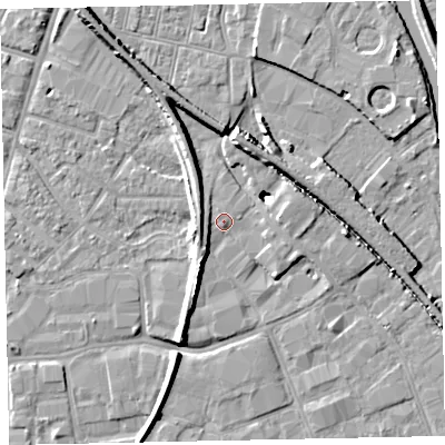 Shaded relief map of the ground around EX28LY, computed from Environment Agency LiDAR. The ground here sits at about 7 m above sea level and falls 11 m across the surrounding 800 m. Surface water reaching this point runs off ground lying to the south-west, 3.3 m higher.