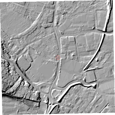 Shaded relief map of the ground around EX28NA, computed from Environment Agency LiDAR. The ground here sits at about 7 m above sea level and falls 19 m across the surrounding 800 m. Surface water reaching this point runs off ground lying to the west-south-west, 17.5 m higher.