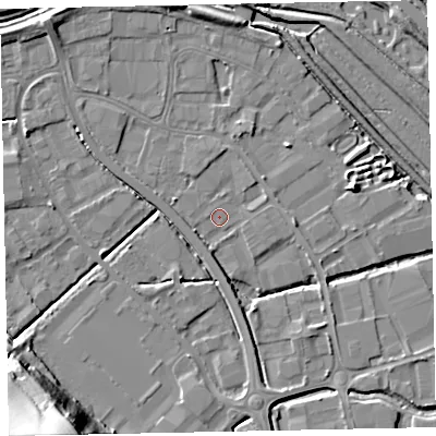 Shaded relief map of the ground around EX28NB, computed from Environment Agency LiDAR. The ground here sits at about 4 m above sea level and falls 29 m across the surrounding 800 m. Surface water reaching this point runs off ground lying to the south-south-east, 3.6 m higher.
