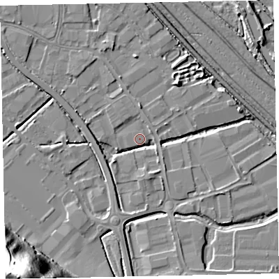 Shaded relief map of the ground around EX28ND, computed from Environment Agency LiDAR. The ground here sits at about 4 m above sea level and falls 49 m across the surrounding 800 m. Surface water reaching this point runs off ground lying to the south-west, 3.1 m higher.