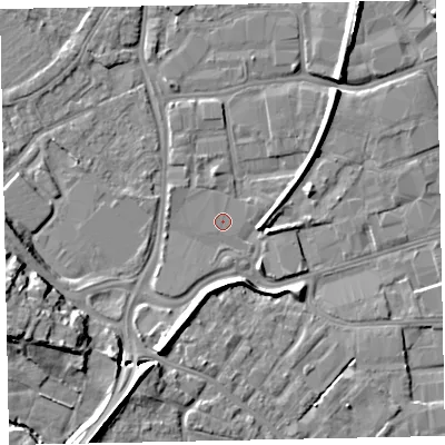 Shaded relief map of the ground around EX28NH, computed from Environment Agency LiDAR. The ground here sits at about 7 m above sea level and falls 14 m across the surrounding 800 m. The ground contributing surface water to this point lies to the south-west.