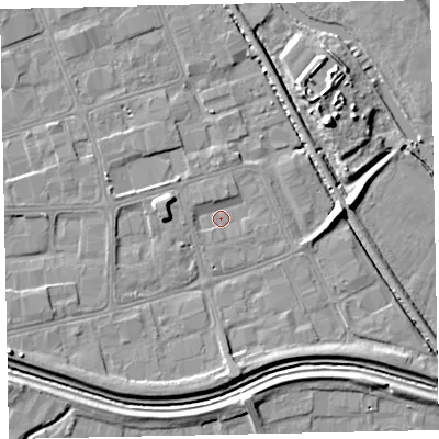 Shaded relief map of the ground around EX28NJ, computed from Environment Agency LiDAR. The ground here sits at about 5 m above sea level and falls 9 m across the surrounding 800 m. Surface water reaching this point runs off ground lying to the west-south-west, 0.7 m higher.
