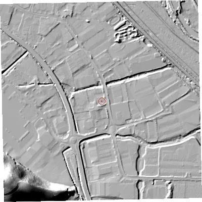 Shaded relief map of the ground around EX28NL, computed from Environment Agency LiDAR. The ground here sits at about 4 m above sea level and falls 48 m across the surrounding 800 m. Surface water reaching this point runs off ground lying to the south-west, 1.4 m higher.