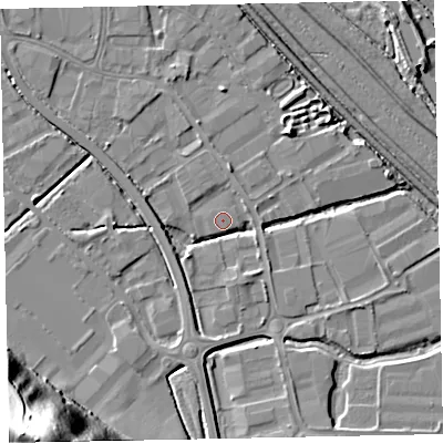 Shaded relief map of the ground around EX28NN, computed from Environment Agency LiDAR. The ground here sits at about 4 m above sea level and falls 49 m across the surrounding 800 m. Surface water reaching this point runs off ground lying to the south-west, 3.1 m higher.